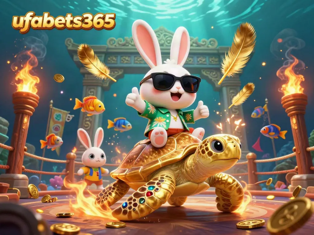 Play exciting games at ufabets365 with a lucky rabbit and golden sea turtle in a vibrant casino scene.