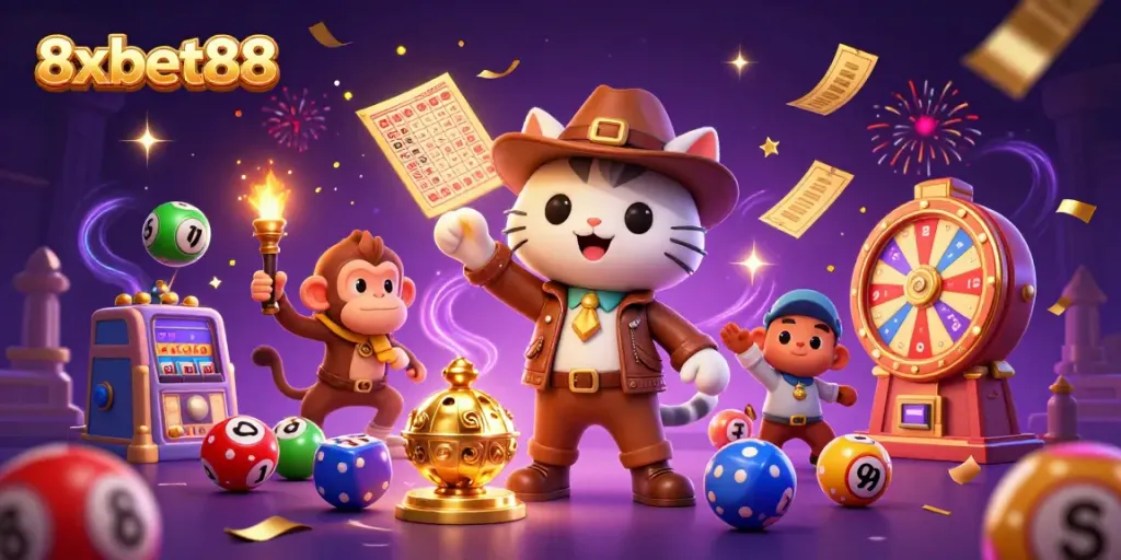 Explore exciting gaming adventures with 8xbet88 as illustrated by a cat archaeologist discovering golden casino artifacts.