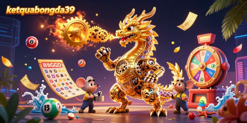 Experience immersive entertainment with ketquabongda39's vibrant gambling scene featuring a golden dragon and dynamic lottery elements.