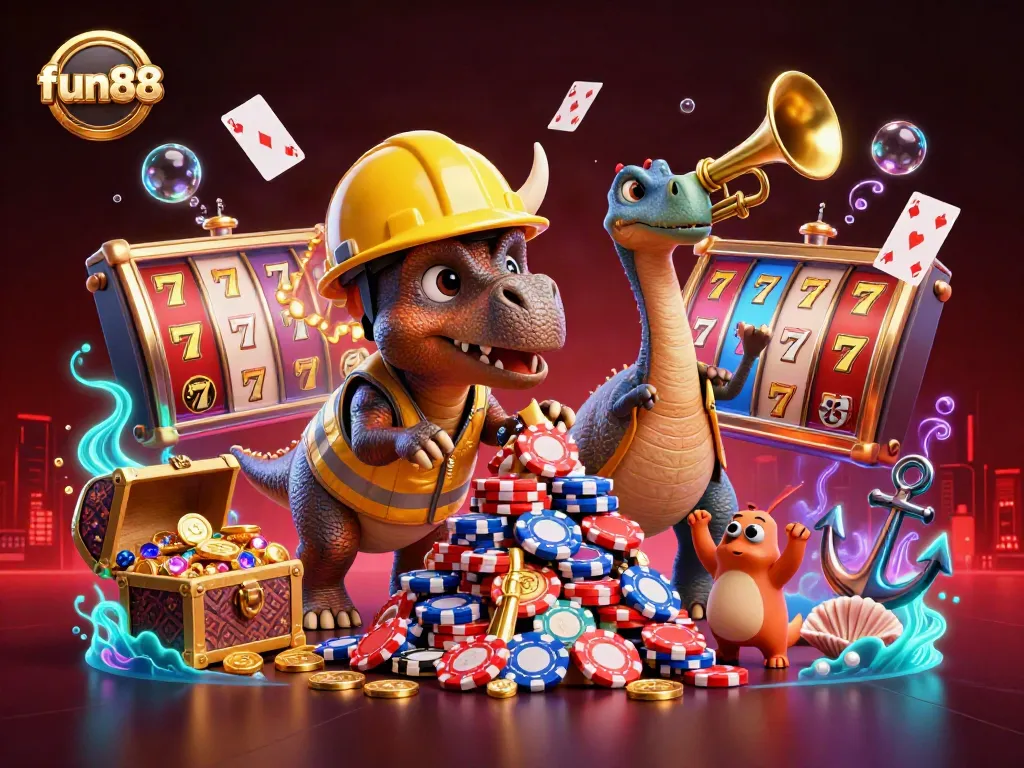 Experience fun88's vibrant online casino with a 3D triceratops and a festival of gaming elements!