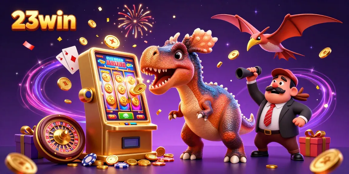 Experience the jackpot excitement with 23win as a pachycephalosaurus collides with a golden slot machine amidst a colorful casino scene.