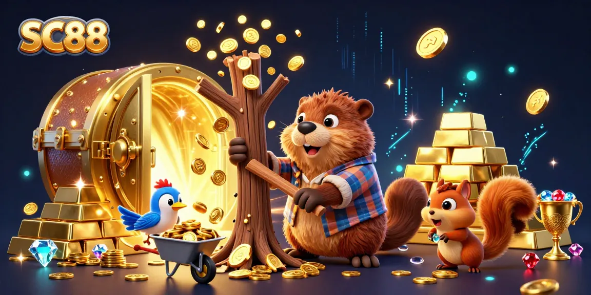 SC88 brings excitement as a playful beaver collects gold coins in a vibrant casino-themed illustration.