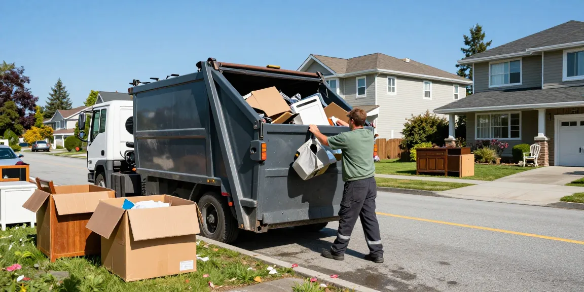 Efficient bin rentals Vancouver service with a worker loading a dumpster in a residential area.