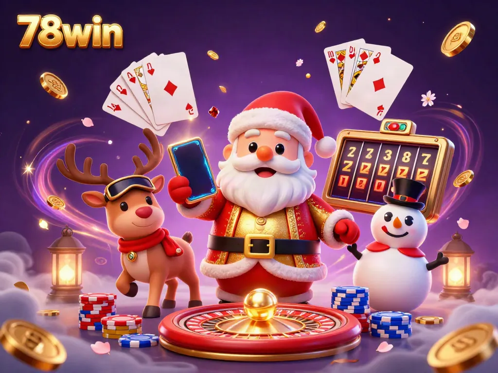 Join 78win's thrilling jackpot adventure with Santa, a reindeer dealer, and a poker chip snowman!