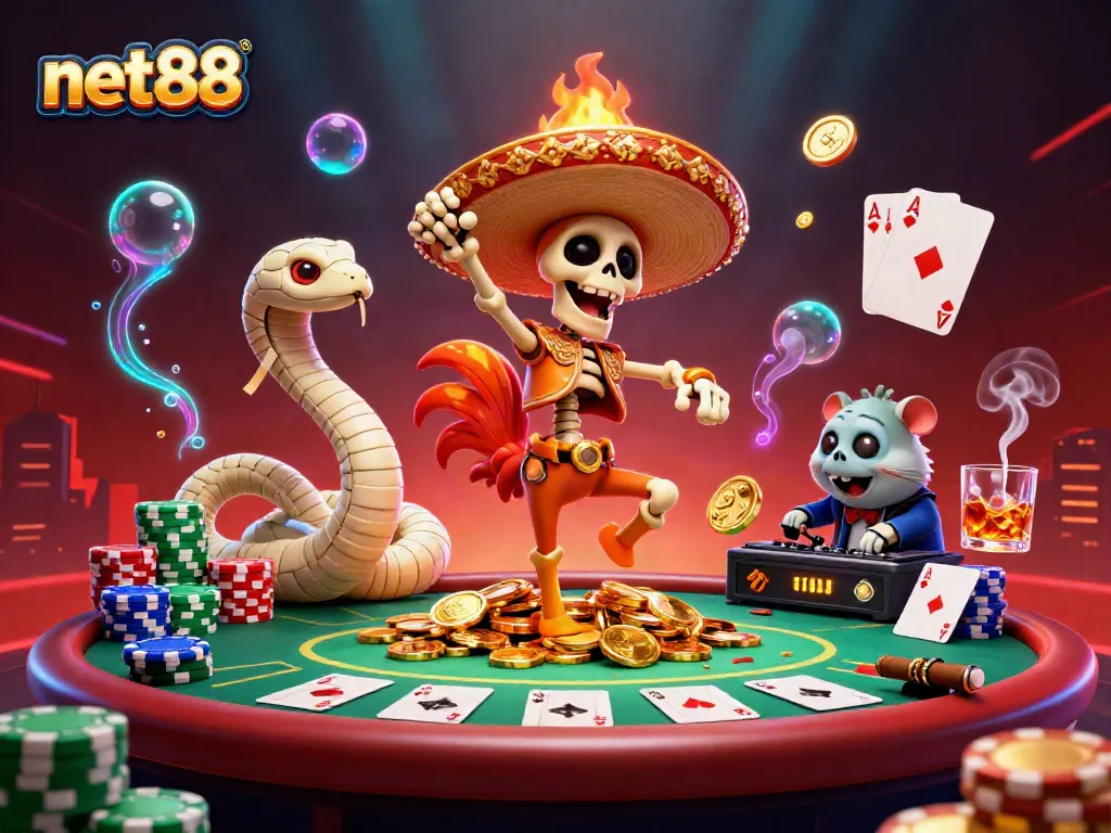 Experience the vibrant excitement of net88 with a lively casino scene filled with colorful characters and poker elements.