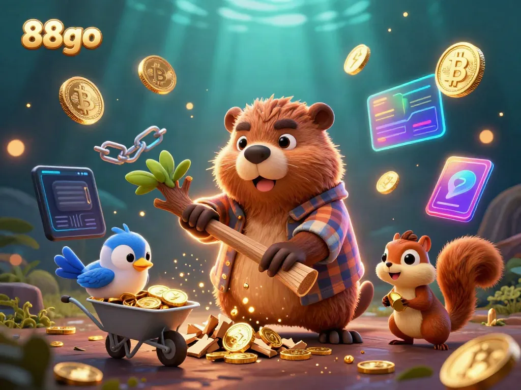 Engage with 88go's thrill as the 3D cartoon lumberjack beaver earns gold coins amidst a vibrant casino scene.