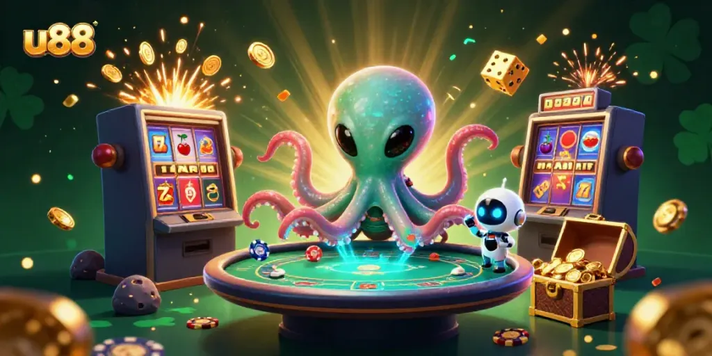 Witness the enchanting u88 alien octopus managing a holographic poker game surrounded by dazzling casino elements.