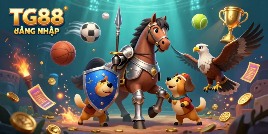 TG88 ĐĂNG NHẬP showcases an action-packed scene with a knight, puppy, and falcon amidst sports elements and vibrant lighting.
