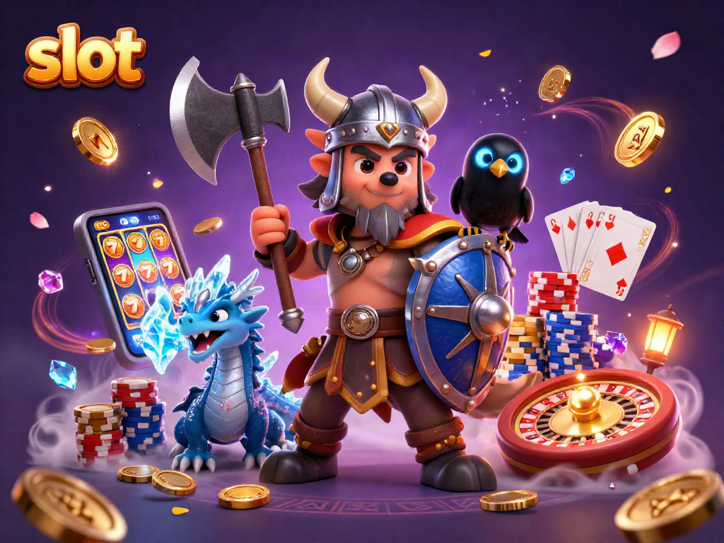 Spin the slot reels and win massive jackpots with our Viking characters in a vibrant casino scene.