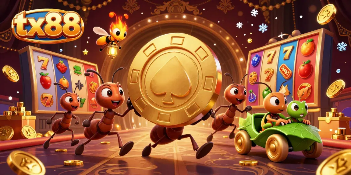 Exciting tx88 casino illustration featuring ants in a heist, vibrant slot reels, and sparkling coins.