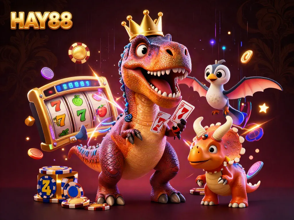 Watch HAY88's cartoon T-Rex shuffle cards and triceratops stack chips in this vibrant casino scene.