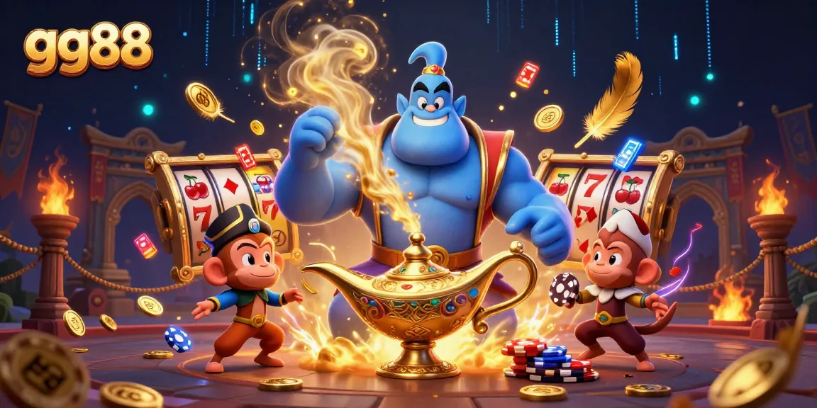 Engage in winning games at gg88 with a dynamic casino scene featuring a magical genie.