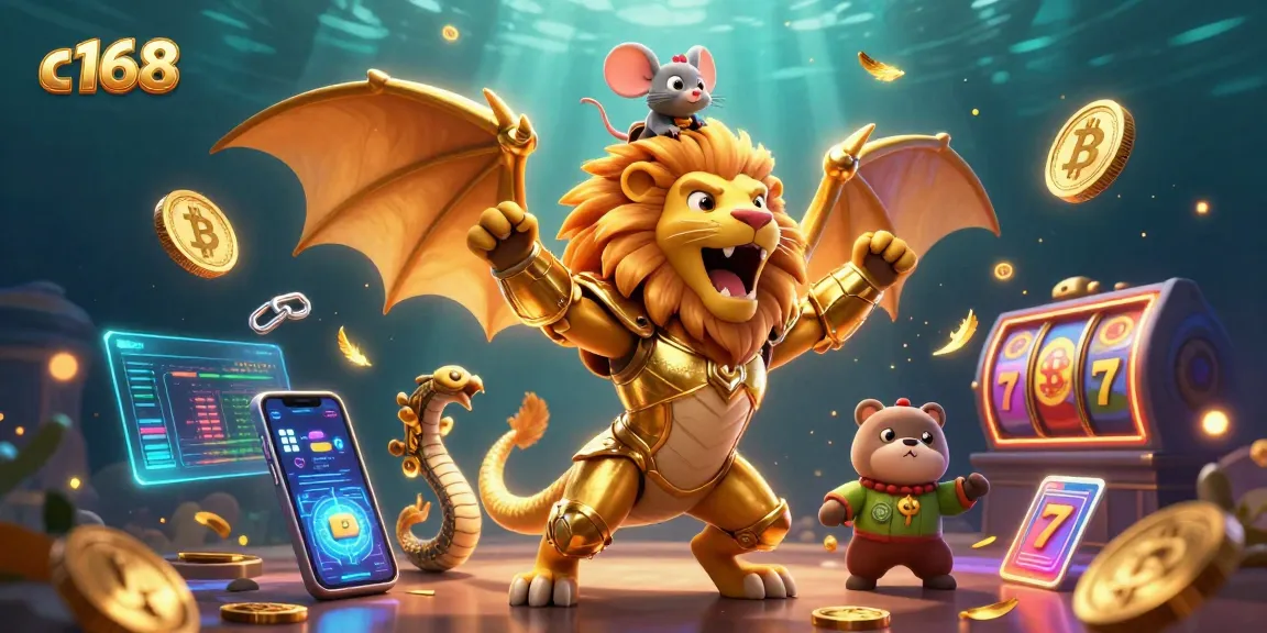 Engage in thrilling gaming with c168, where a chimera creature and mouse jockey navigate a vibrant casino filled with crypto elements.