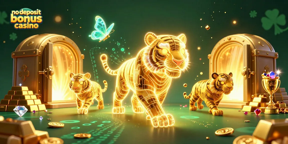 Experience the enchanting no deposit bonus casino with golden treasures and vibrant gaming energy.